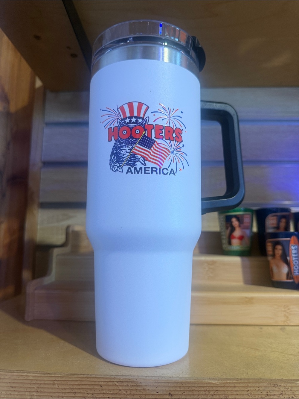 Hooters White Travel Tumbler with Black Handle and Patriotic Logo